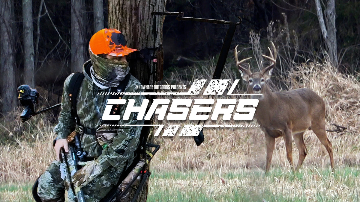 Hunting scene with a person in camouflage and a deer, featuring the 'Chasers' logo.